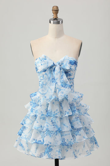 White and Blue Floral Strapless Short Ruffled Cocktail Dress with Bow